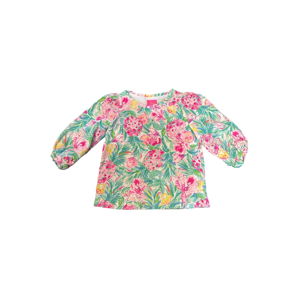 Lilly Pulitzer Girls Floral Long Sleeve Puff Shoulder Top Pink Green L 8-10